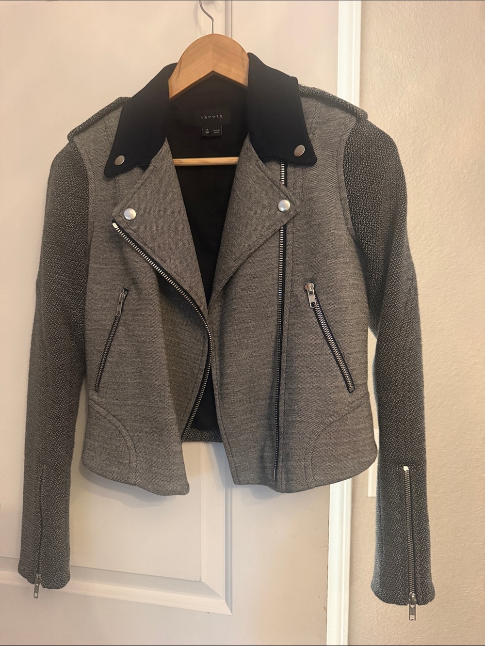 Theory Grey Knit Moto Jacket with Black Collar Accents